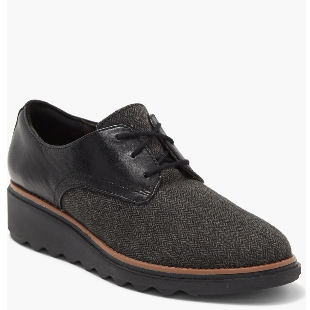 Clarks Sharon Rae Wedge Loafers  12 Black Grey  Lace Up 261543424095